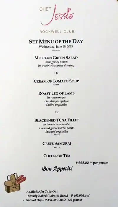 Chef Jessie menu price 2022.